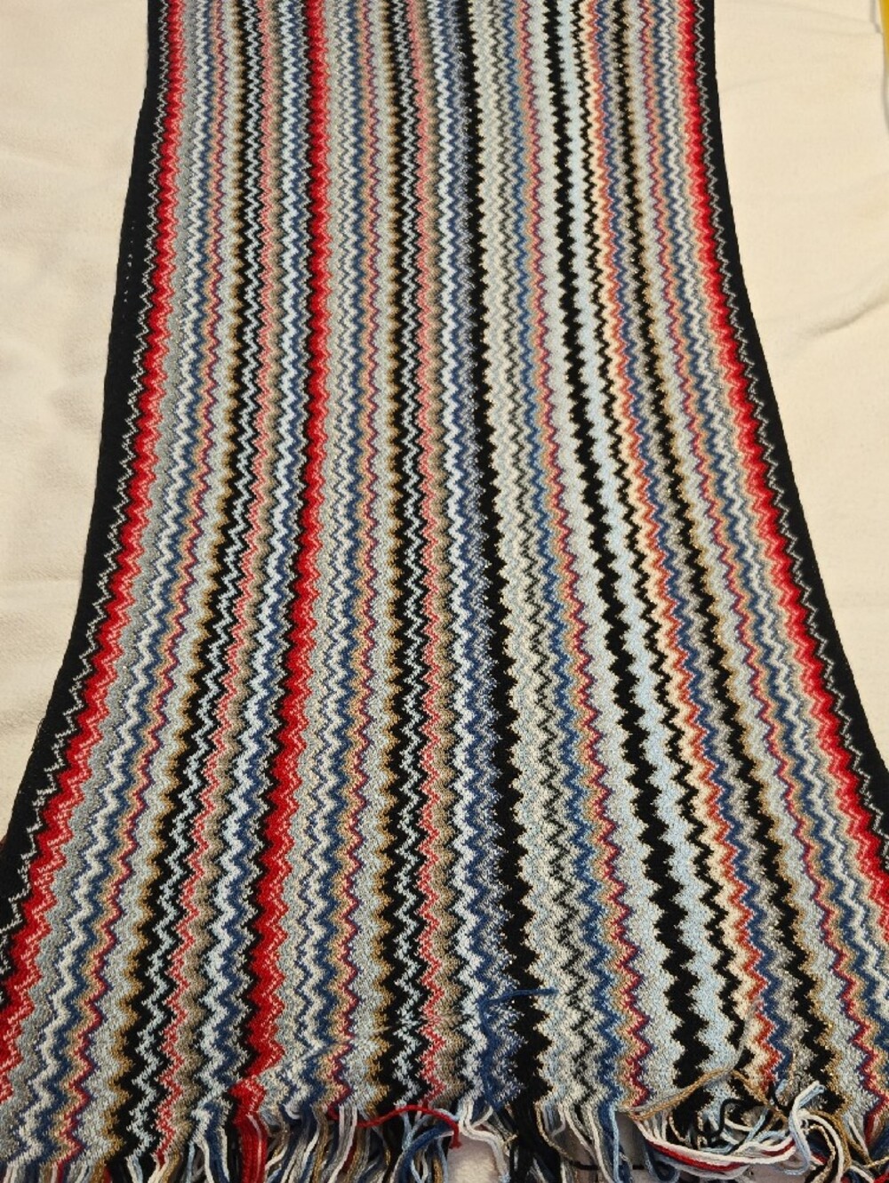 Missoni Multicolor Zigzag Knit CottonScarf with Fringe - Red, Blue, Black, White - Picture 3 of 11